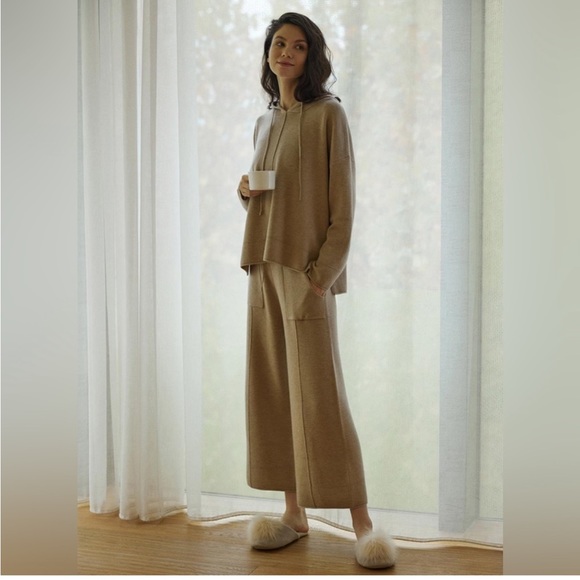 Nap Heverly Ann Set Matching Loungewear Wool Blend Tan Cream Neutrals Wide Leg - Picture 2 of 16